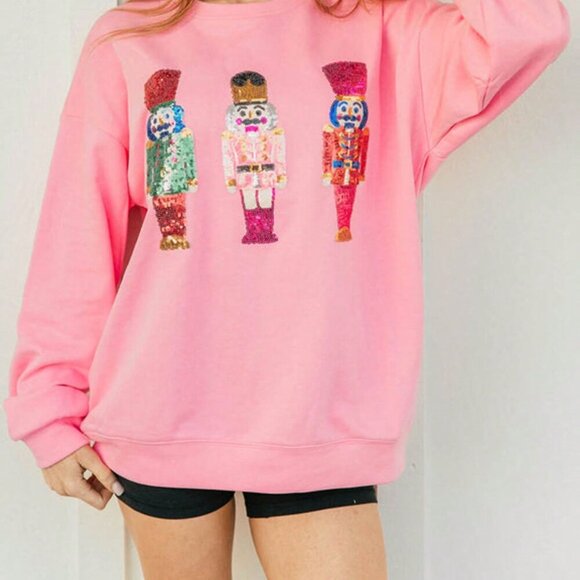 Pink Casual Women's Loose Sequin Christmas Crewneck Sweater - Picture 3 of 7